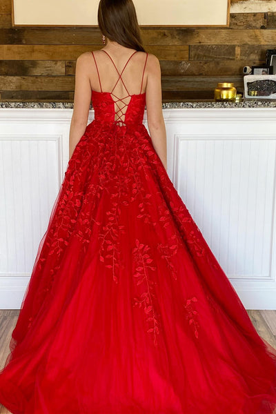 Backless Red Lace Prom Dresses, Open Back Red Lace Formal Graduation Dresses