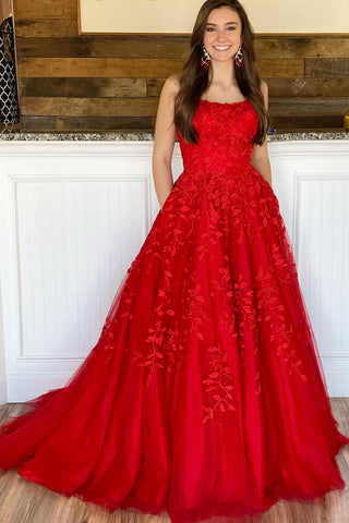 Backless Red Lace Prom Dresses, Open Back Red Lace Formal Graduation Dresses