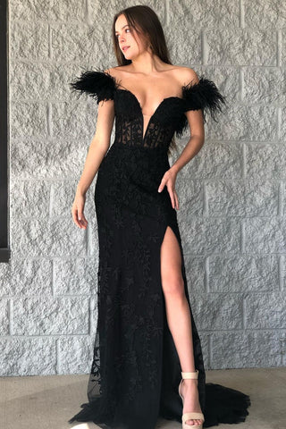 Black Lace Off Shoulder Mermaid Long Prom Dresses with High Slit, Mermaid Black Formal Dresses, Black Lace Evening Dresses WT1180