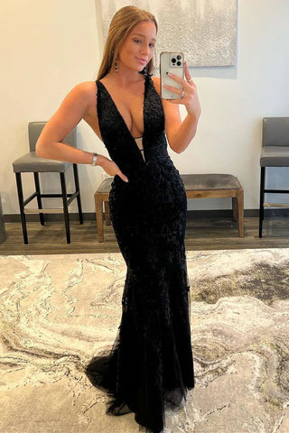 Black Lace V Neck Backless Mermaid Long Prom Dresses, Mermaid Black Formal Dresses, Black Lace Evening Dresses WT1060