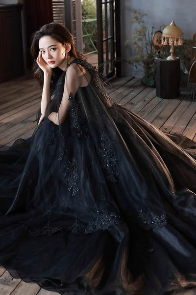 Black Lace V Neck Beaded Tulle Long Prom Dresses, Black Lace Formal Dresses, Black Evening Dresses EP1088