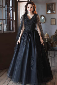 Black Lace V Neck Beaded Tulle Long Prom Dresses, Black Lace Formal Dresses, Black Evening Dresses EP1088