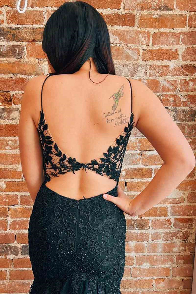Black Lace V Neck Open Back Mermaid Long Prom Dresses, Black Lace Form Lwt Dress Black Lace V Neck Open Back Mermaid Long Prom Dresses, Black Lace Form Lwt Dress