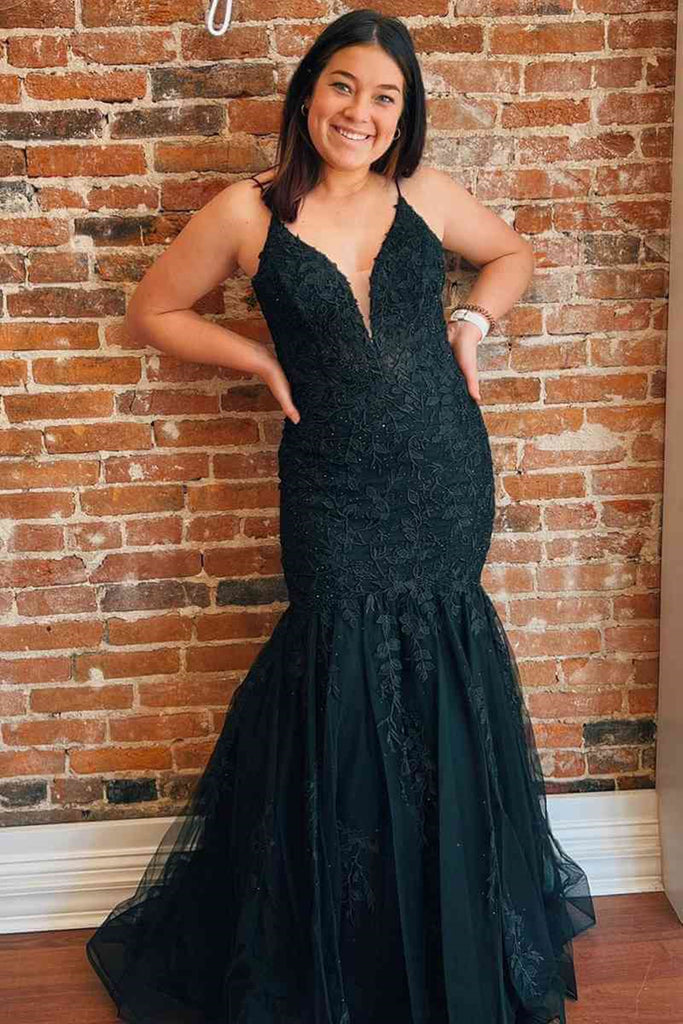 Black Lace V Neck Open Back Mermaid Long Prom Dresses, Black Lace Form Lwt Dress Black Lace V Neck Open Back Mermaid Long Prom Dresses, Black Lace Form Lwt Dress