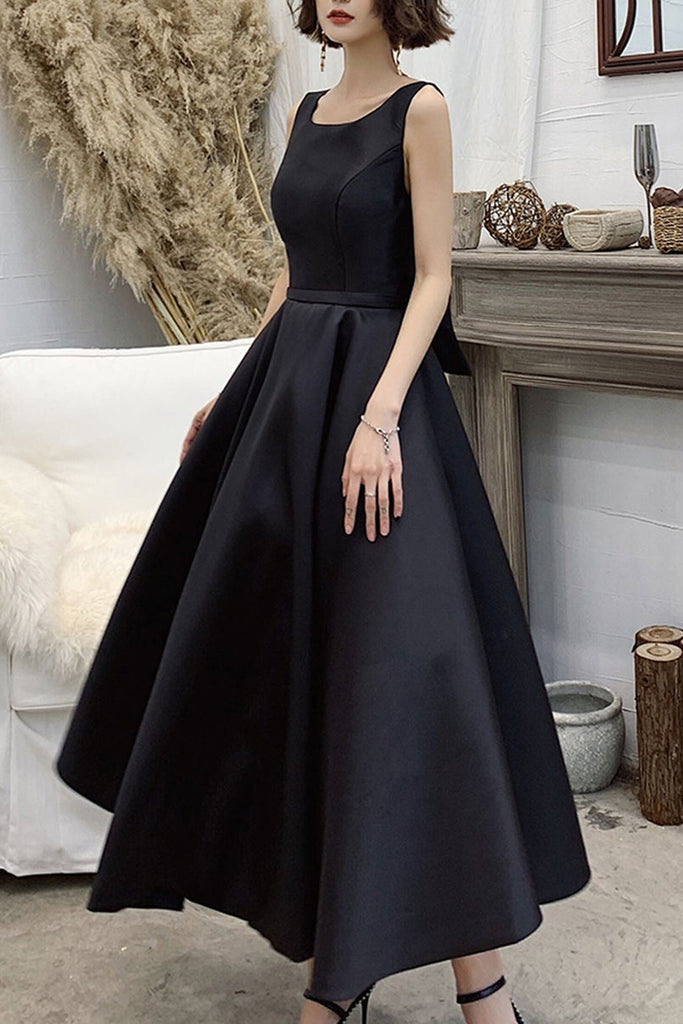 Black Satin Backless Tea Length Prom Dresses, Open Back Black Homecomi Lwt Dress Black Satin Backless Tea Length Prom Dresses, Open Back Black Homecomi Lwt Dress