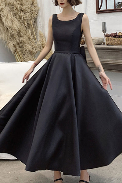 Black Satin Backless Tea Length Prom Dresses, Open Back Black Homecoming Dresses, Black Formal Evening Dresses