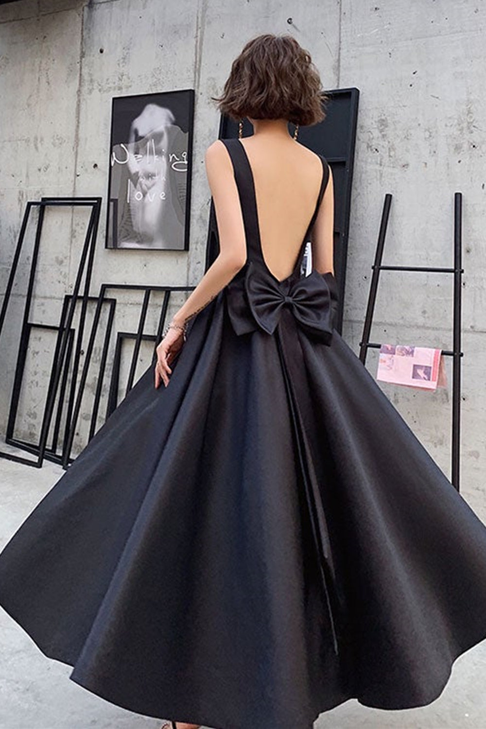 Black Satin Backless Tea Length Prom Dresses, Open Back Black Homecomi – Lwt Dress