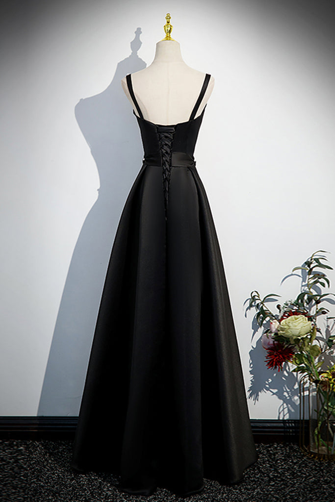 Black Satin Elegant A Line Long Prom Dresses with Pearls, Long Black F Lwt Dress Black Satin Elegant A Line Long Prom Dresses with Pearls, Long Black F Lwt Dress