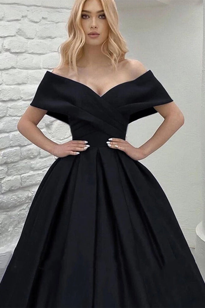 Black Satin Off Shoulder Long Prom Dresses, Off the Shoulder Black For Lwt Dress Black Satin Off Shoulder Long Prom Dresses, Off the Shoulder Black For Lwt Dress
