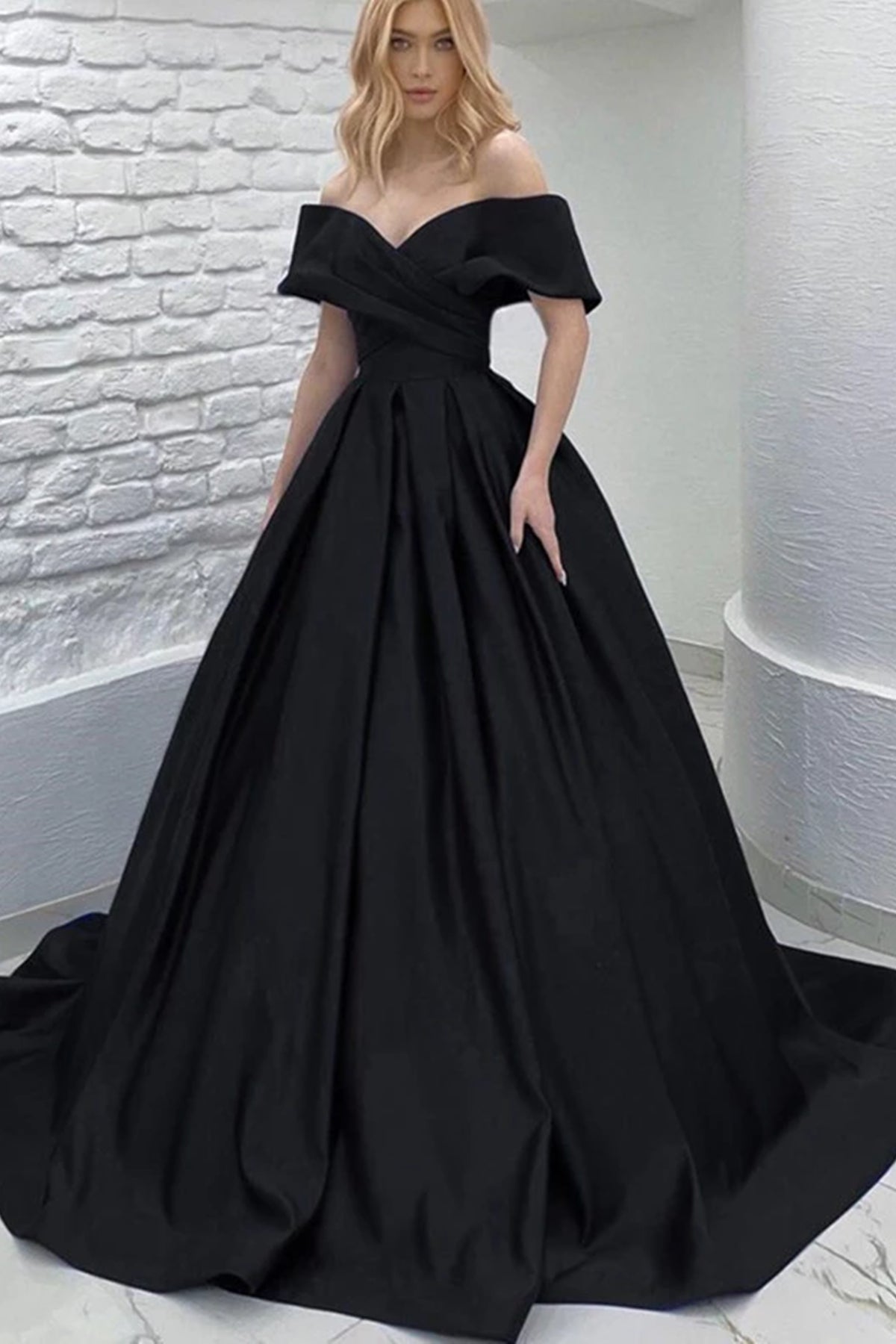 Black Satin Off Shoulder Long Prom Dresses, Off the Shoulder Black Formal Evening Dresses WT1072