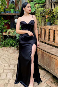 Black Satin Sweetheart Neck Mermaid Long Prom Dresses with High Slit, Long Black Formal Graduation Evening Dresses WT1162