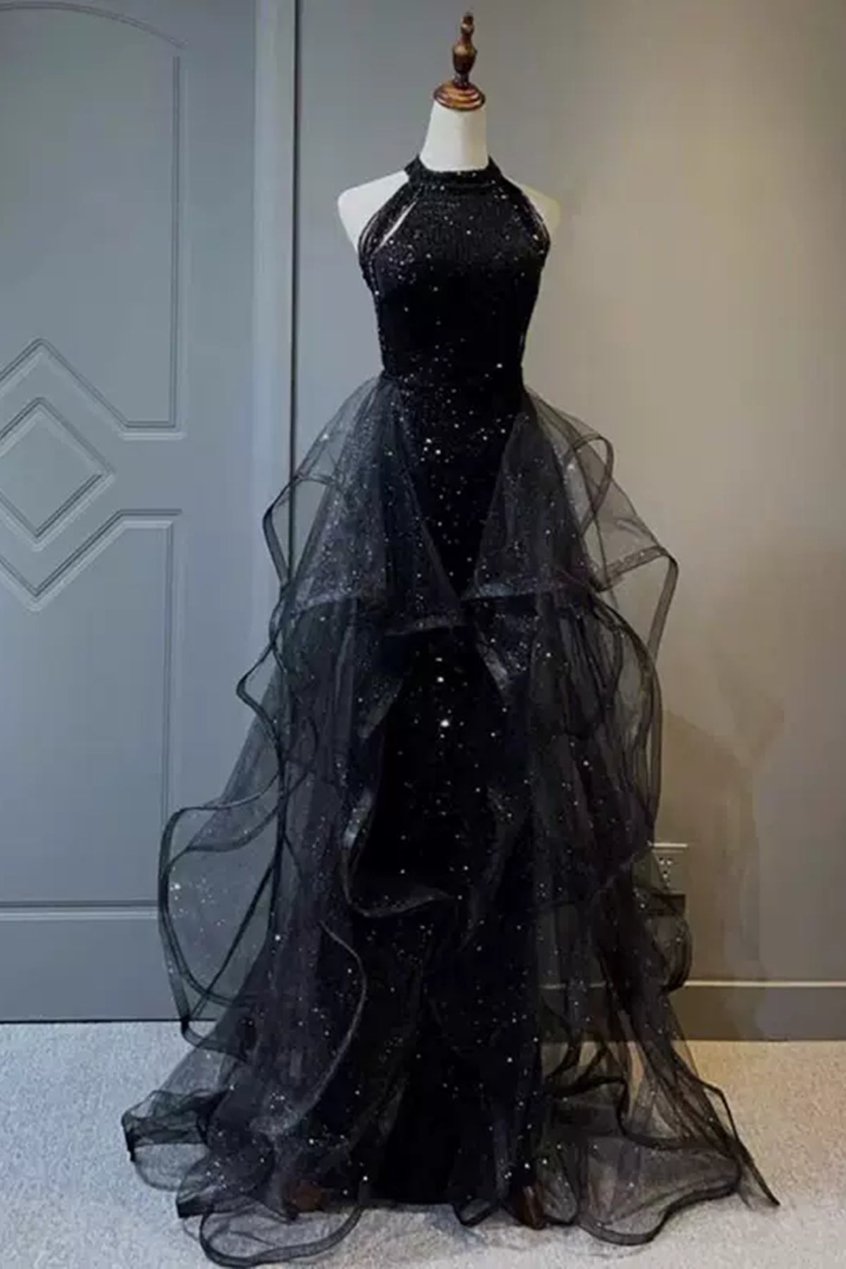 Black Tulle Beaded Layered Long Prom Dresses, Long Black Formal Gradua Lwt Dress Black Tulle Beaded Layered Long Prom Dresses, Long Black Formal Gradua Lwt Dress