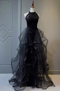 Black Tulle Beaded Layered Long Prom Dresses, Long Black Formal Graduation Evening Dresses WT1197
