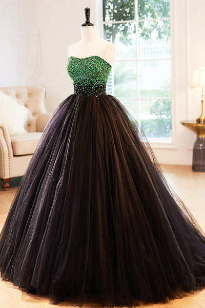 Black Tulle Gorgeous Strapless Beaded Long Prom Dresses, Beaded Black Formal Evening Dresses, Black Ball Gown with Beadings WT1156