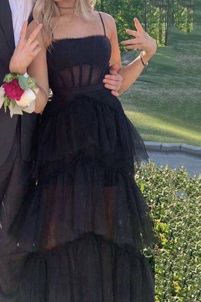 Black Tulle Long Prom Dresses Layered Spaghetti Straps Black Formal Evening Dresses