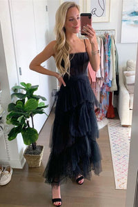 Black Tulle Long Prom Dresses Layered Spaghetti Straps Black Formal Evening Dresses