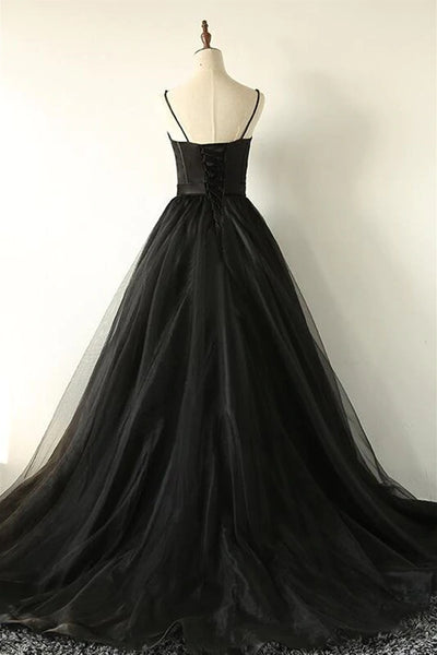 Black Tulle Long Prom Dresses Sweetheart Neck Open Back Black Formal Evening Dresses