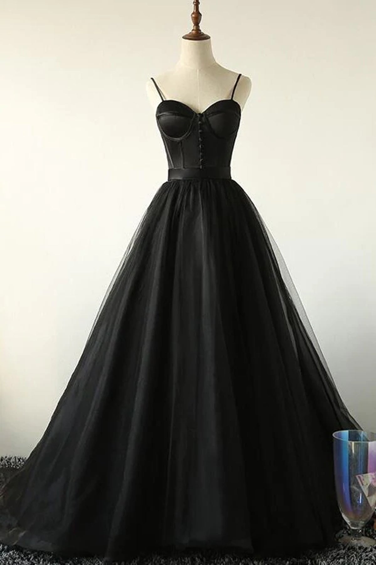 Black Tulle Long Prom Dresses Sweetheart Neck Open Back Black Formal Evening Dresses