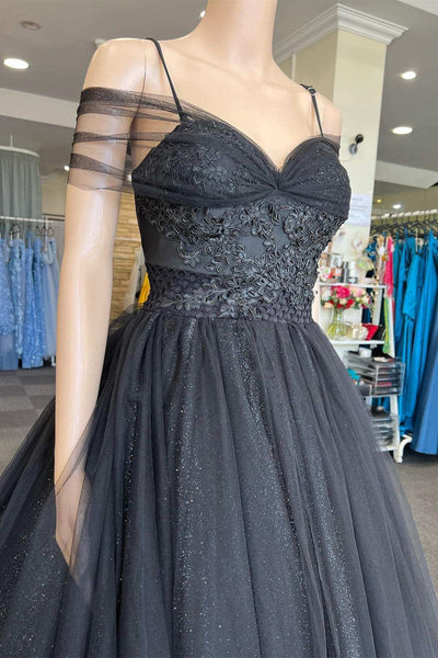 Black Tulle Off Shoulder Lace Long Prom Dresses, Black Lace Formal Dresses, Off the Shoulder Black Evening Dresses WT1104