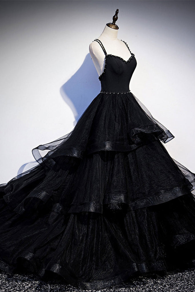 Black Tulle Open Back V Neck Beaded Layered Long Prom Dresses, Black F