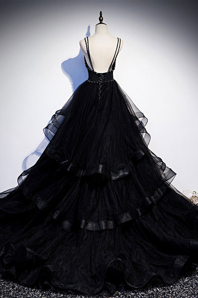 Black Tulle Open Back V Neck Beaded Layered Long Prom Dresses, Black F
