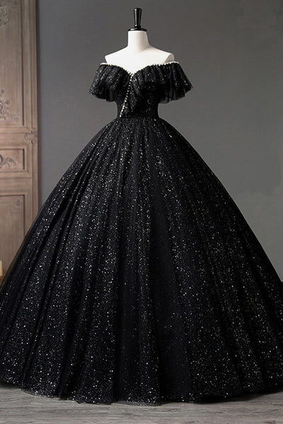 Black Tulle Shiny Off Shoulder Long Prom Dresses with Pearls, Long Black Formal Evening Dresses, Black Ball Gown WT1158