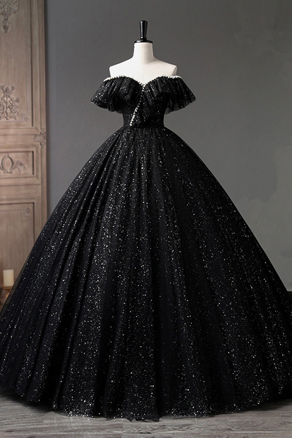 Black Tulle Shiny Off Shoulder Long Prom Dresses with Pearls, Long Black Formal Evening Dresses, Black Ball Gown WT1158