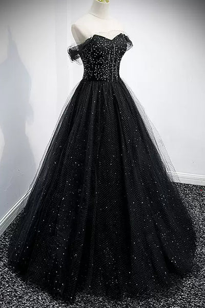 Black Tulle Shiny Off the Shoulder Beaded Long Prom Dresses, Beaded Black Formal Dresses Long, Black Evening Dresses WT1210
