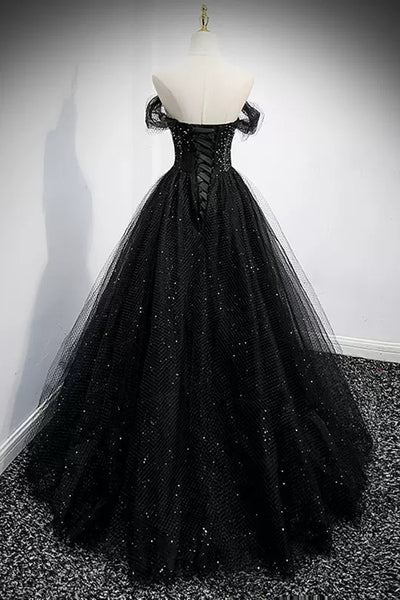Black Tulle Shiny Off the Shoulder Beaded Long Prom Dresses, Beaded Black Formal Dresses Long, Black Evening Dresses WT1210