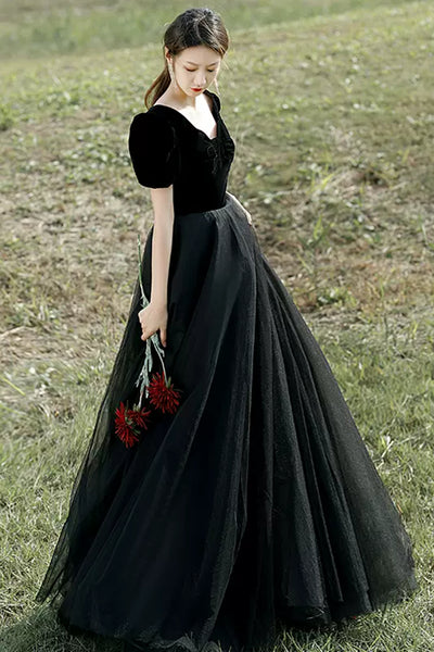 Black Tulle Short Sleeves Long Prom Dresses, Long Black Formal Graduation Evening Dresses WT1189