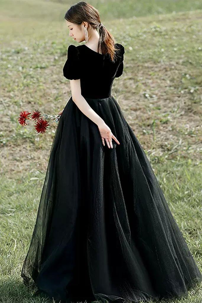 Black Tulle Short Sleeves Long Prom Dresses, Long Black Formal Graduat
