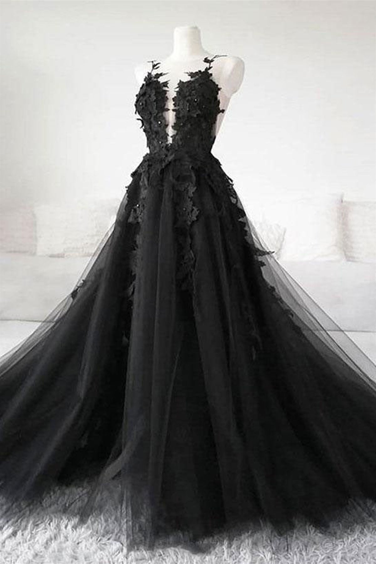 Black Tulle V Neck Lace Floral Long Prom Dresses, Black Lace Formal Evening Dresses with 3D Flowers