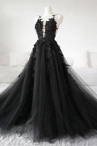 Black Tulle V Neck Lace Floral Long Prom Dresses, Black Lace Formal Evening Dresses with 3D Flowers