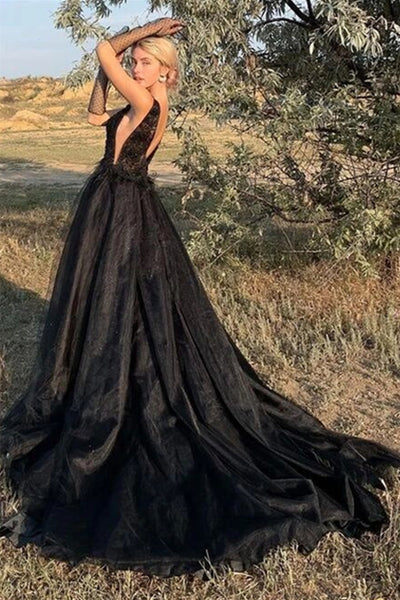 Black Tulle V Neck Lace Long Prom Dresses, Black Lace Formal Dresses, Black Evening Dresses WT1173