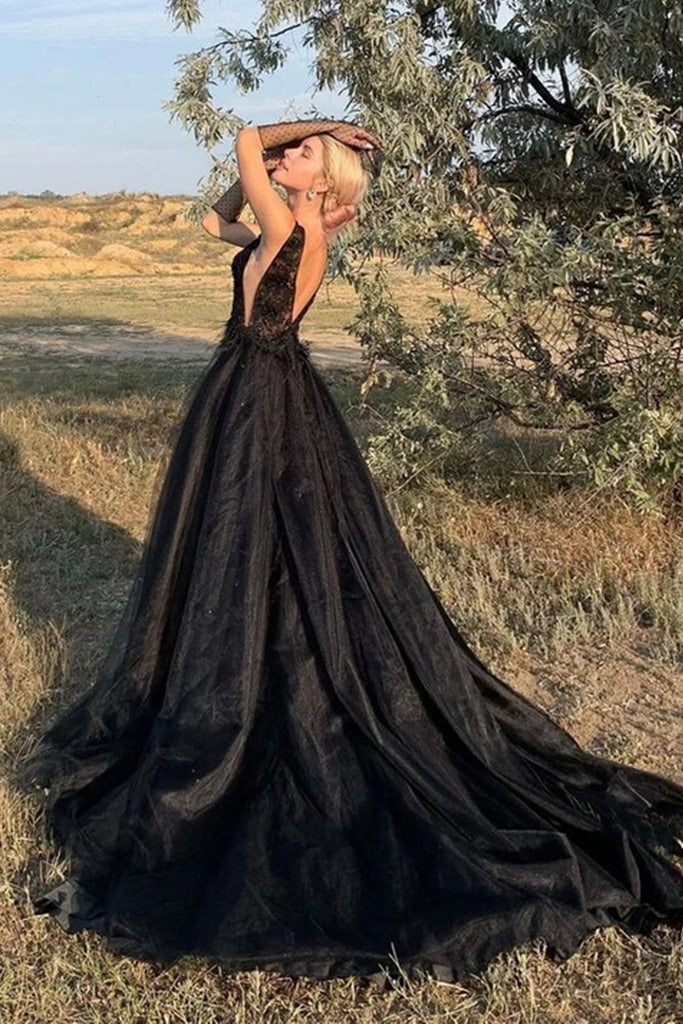 Black Tulle V Neck Lace Long Prom Dresses, Black Lace Formal Dresses, Lwt Dress Black Tulle V Neck Lace Long Prom Dresses, Black Lace Formal Dresses, Lwt Dress