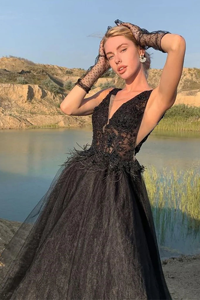 Black Tulle V Neck Lace Long Prom Dresses, Black Lace Formal Dresses, Lwt Dress Black Tulle V Neck Lace Long Prom Dresses, Black Lace Formal Dresses, Lwt Dress