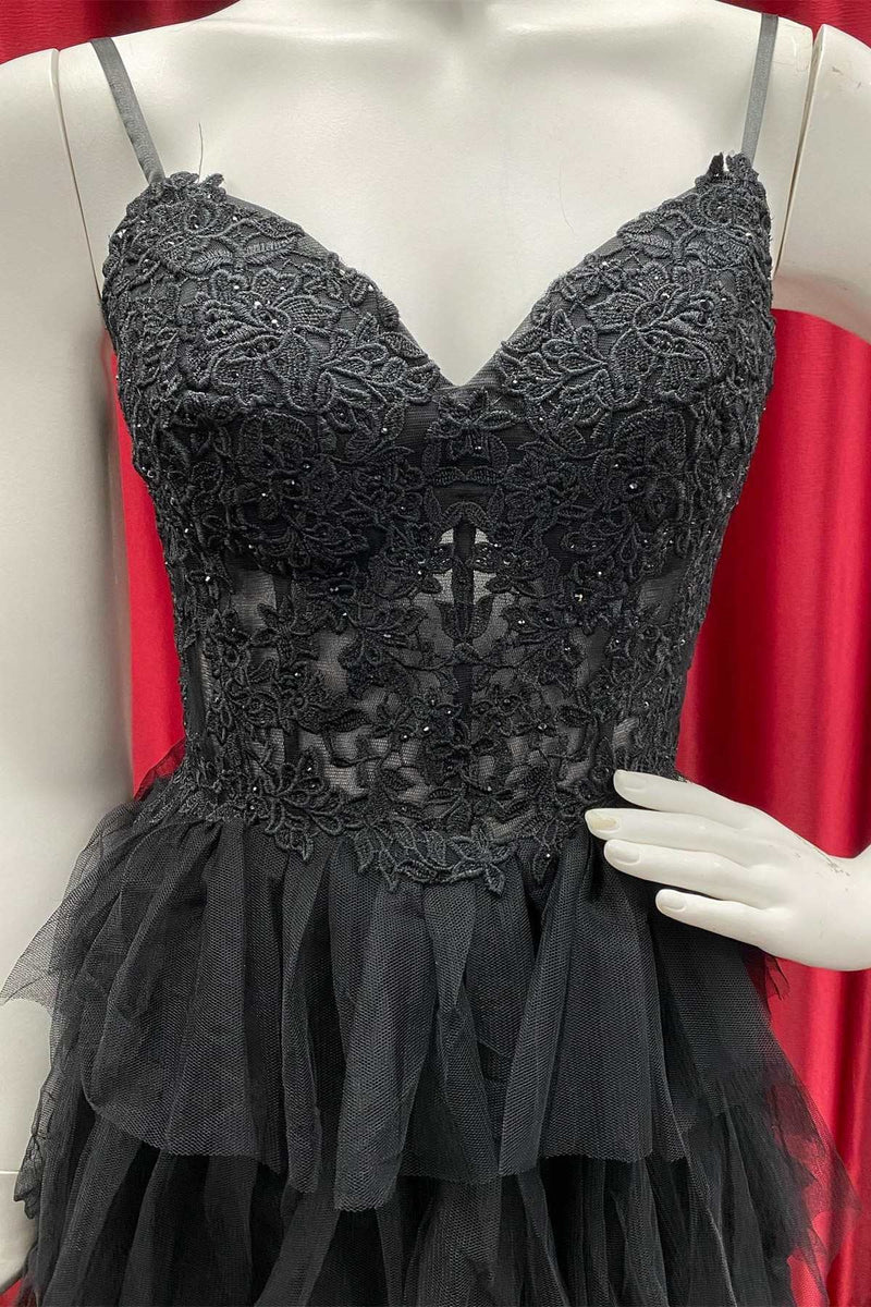 Black Tulle V Neck Open Back Layered Lace Prom Dresses Long Black Lac Lwt Dress 1274