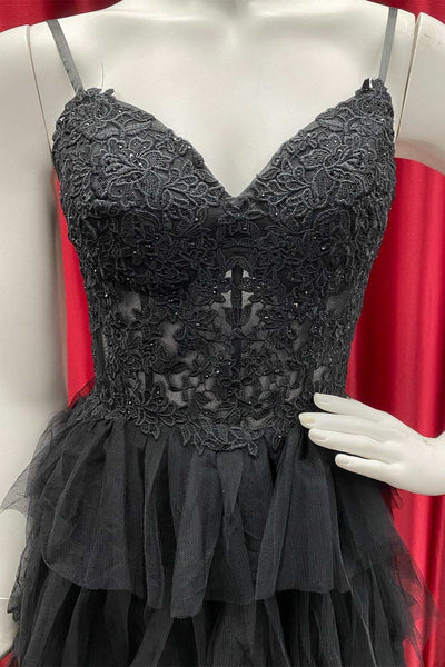 Black Tulle V Neck Open Back Layered Lace Prom Dresses Long, Black Lace Formal Dresses, Black Evening Dresses WT1213