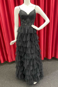 Black Tulle V Neck Open Back Layered Lace Prom Dresses Long, Black Lac Lwt Dress Black Tulle V Neck Open Back Layered Lace Prom Dresses Long, Black Lac Lwt Dress