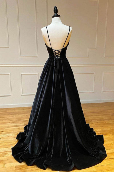 Black Velvet V Neck Backless Long Prom Dresses, V Neck Black Formal Dresses, Black Evening Dresses