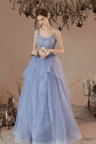 Blue Lace A Line V Neck Long Prom Dresses, V Neck Blue Formal Dresses, Blue Lace Evening Dresses WT1066