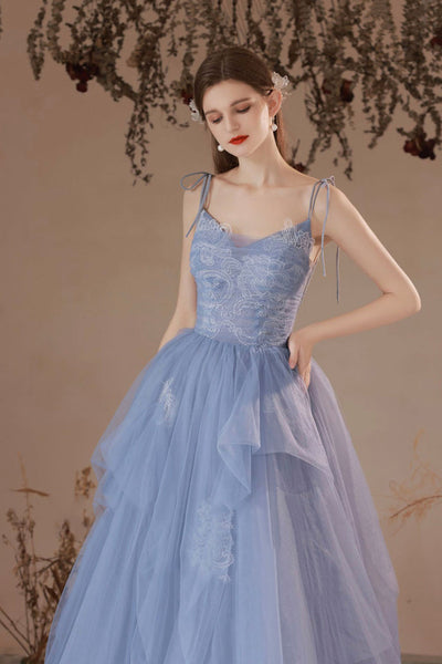 Blue Lace A Line V Neck Long Prom Dresses, V Neck Blue Formal Dresses, Blue Lace Evening Dresses WT1066