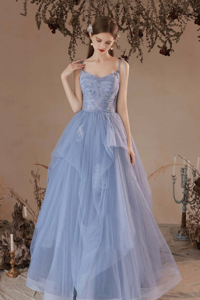 Blue Lace A Line V Neck Long Prom Dresses, V Neck Blue Formal Dresses, Blue Lace Evening Dresses WT1066