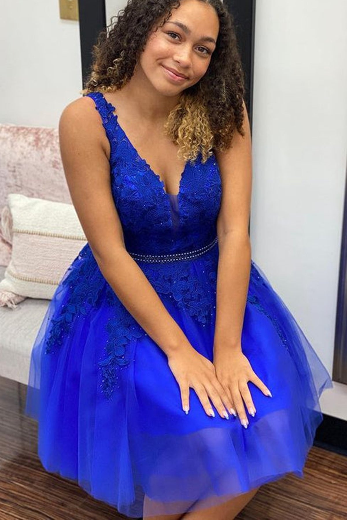 Blue Lace A Line V Neck Short Prom Dresses with Belt, Blue Lace Homeco Lwt Dress Blue Lace A Line V Neck Short Prom Dresses with Belt, Blue Lace Homeco Lwt Dress
