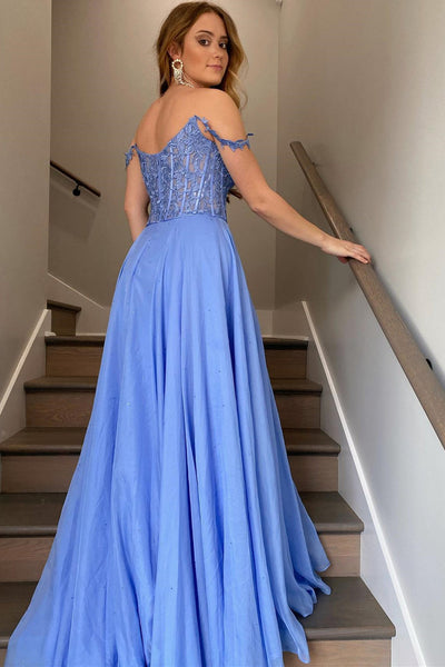 Blue Lace Elegant V Neck Off Shoulder Long Prom Dresses with Leg Slit, Blue Lace Formal Graduation Evening Dresses WT1108