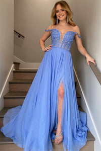 Blue Lace Elegant V Neck Off Shoulder Long Prom Dresses with Leg Slit, Blue Lace Formal Graduation Evening Dresses WT1108