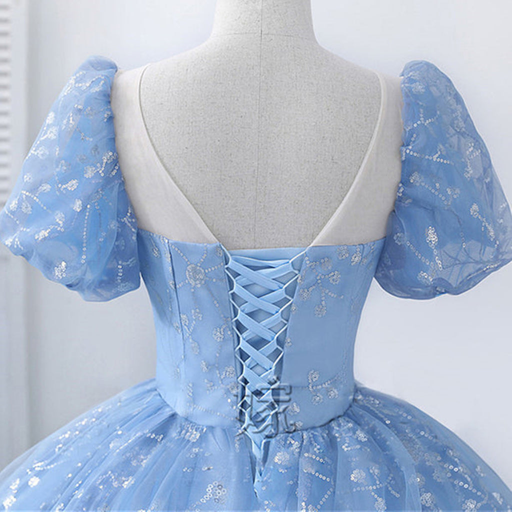Blue Lace Gorgeous Short Sleeves Long Prom Dresses, Blue Lace Formal E