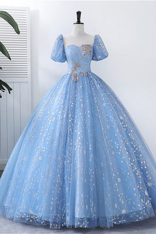 Blue Lace Gorgeous Short Sleeves Long Prom Dresses, Blue Lace Formal Evening Dresses, Blue Ball Gown WT1201
