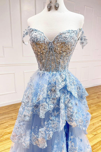 Blue Lace Off Shoulder Layered Long Prom Dresses, Blue Lace Formal Evening Dresses, Blue Ball Gown WT1176