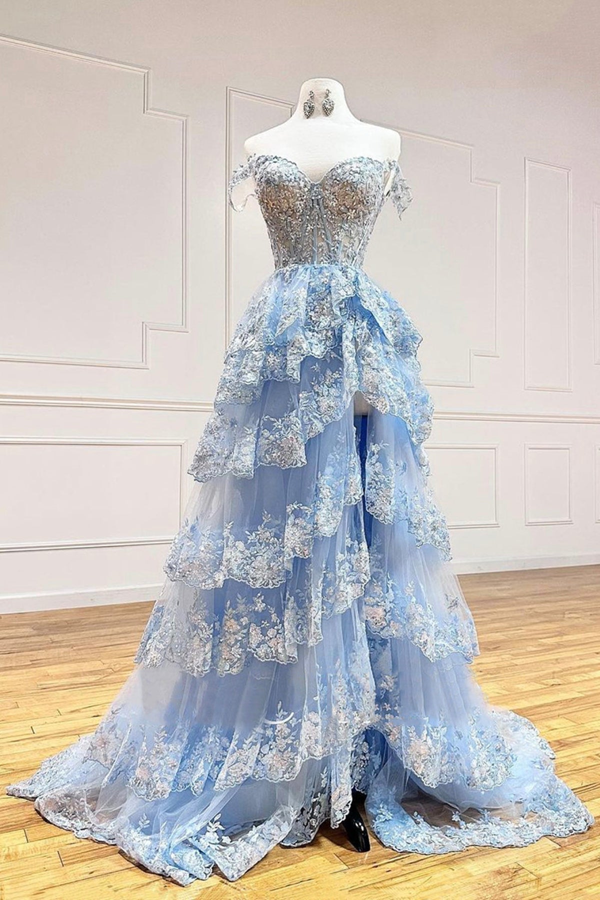 Blue Lace Off Shoulder Layered Long Prom Dresses, Blue Lace Formal Eve Lwt Dress Blue Lace Off Shoulder Layered Long Prom Dresses, Blue Lace Formal Eve Lwt Dress